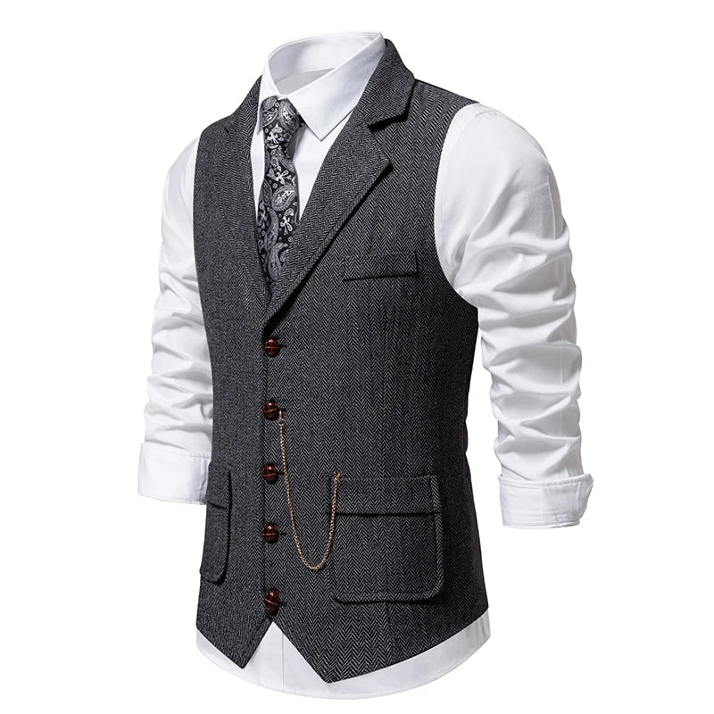 Men's British-Style Lapel Tweed Waistcoat Grey (Side)Success Grey (Side)